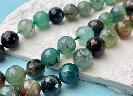 14mm Faceted Round Fire Agate Gemstone Beads Heat Treated Brown Auqa Green Jumbo Size Agate 15.5 Inches Strand #4513