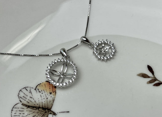 One Piece 925 Sterling Silver Pendant Setting Findings For Half Drilled Pearls Circle Shape Design W/CZ Sterling Silver Pendant #10046-A
