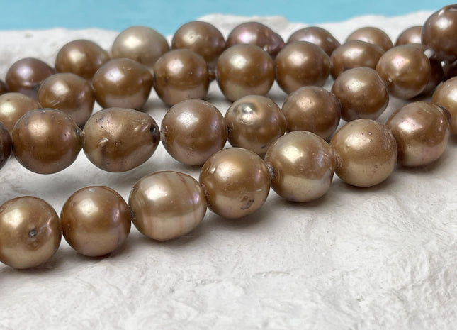 12-14 mm Large Hole Champagne Copper Half Strand Baroque / Edison Freshwater Pearl Beads OFF Round Shape Hole Size 2.2mm #1178
