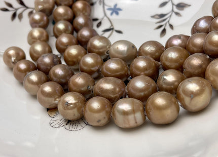 12-14 mm Large Hole Champagne Copper Half Strand Baroque / Edison Freshwater Pearl Beads OFF Round Shape Hole Size 2.2mm #1178