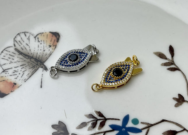 8x10 mm Silver/Gold-Plated 925 Sterling Silver Fishook Clasp With Evil Eye Design Finding Clasp #10304