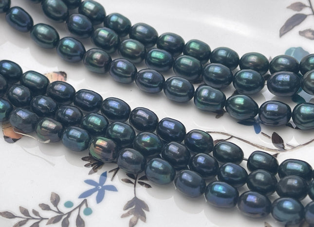 7-7.5x8-10 mm AA Prussian Blue Color Freshwater Pearls Rice/Oval Shape Pearl Beads Genuine Freshwater Pearls #P2808