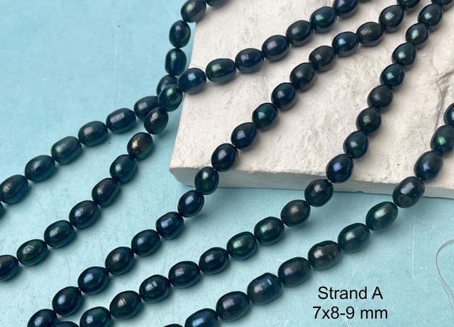 7-7.5x8-10 mm AA Prussian Blue Color Freshwater Pearls Rice/Oval Shape Pearl Beads Genuine Freshwater Pearls #P2808