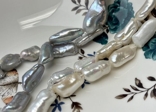 12-14x22-28 mm AAA Half Strand Large Hole White Or Gray Biwa Stick Freshwater Pearl Beads Hole Size 2.2 mm Genuine Jumbo Biwa Stick #1353