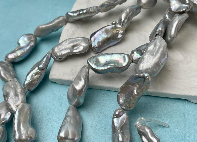 12-14x22-28 mm AAA Half Strand Large Hole White Or Gray Biwa Stick Freshwater Pearl Beads Hole Size 2.2 mm Genuine Jumbo Biwa Stick #1353