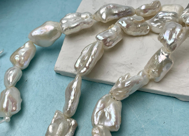 16x20-25 mm AA Half Strand Large Hole Natural White Biwa Pearl Beads 2.2 mm Hole Limited Edition Genuine Freshwater Biwa Stick Pearl #1577