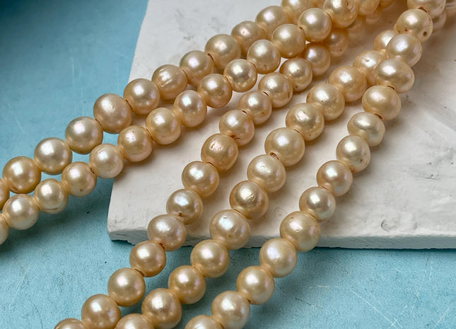 8 mm Large Hole Gold Champagne Color Semi Round Freshwater Pearl Beads Hole Size 2.2 mm Genuine Large Hole Freshwater Pearls #1895