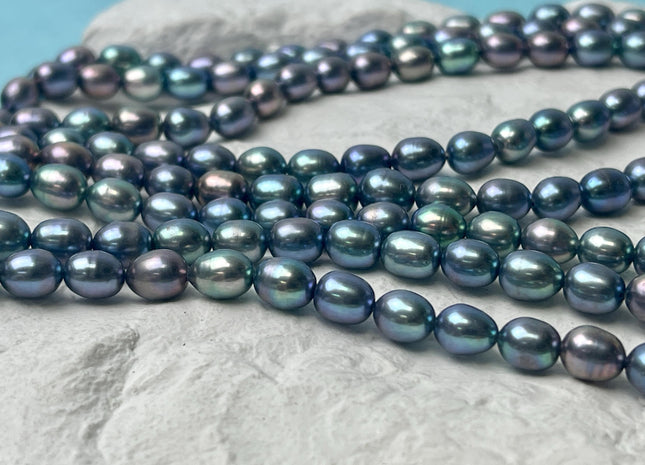 6x7-8 mm AAA Blue Peacock Color Oval/Rice Freshwater Pearl Genuine Very Rare High Quality/Luster Peacock Pearl 46 Beads #P2816