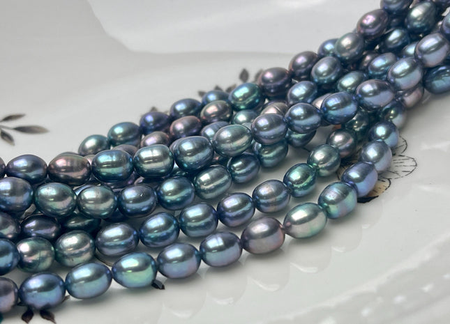 6x7-8 mm AAA Blue Peacock Color Oval/Rice Freshwater Pearl Genuine Very Rare High Quality/Luster Peacock Pearl 46 Beads #P2816