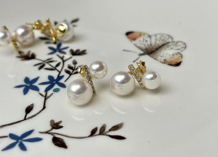 Natural White Freshwater Pearl W/Instrument Note Stud Earring .925 Sterling Gold Earring Pearl Earrings Bridal Earrings #10047-H