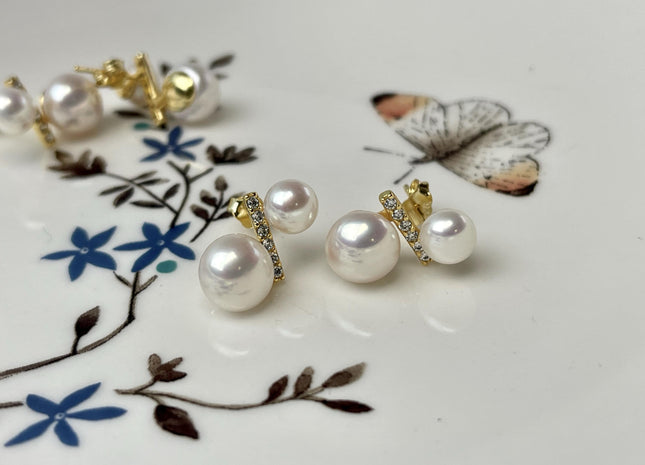 Natural White Freshwater Pearl W/Instrument Note Stud Earring .925 Sterling Gold Earring Pearl Earrings Bridal Earrings #10047-H