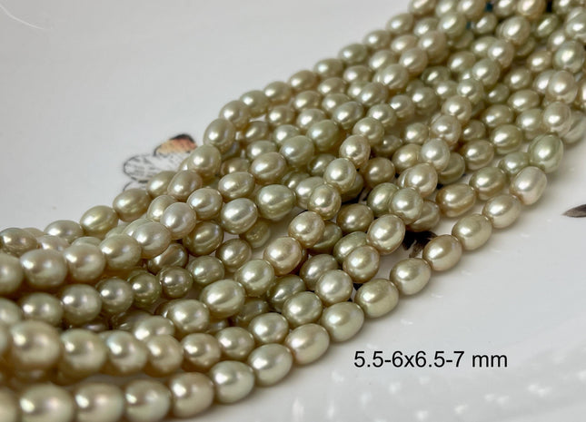 4.5x6 mm AAA Pale Sage Green Color Rice/Oval Freshwater Pearl Beads Smooth Lustrous Pearls #P1038