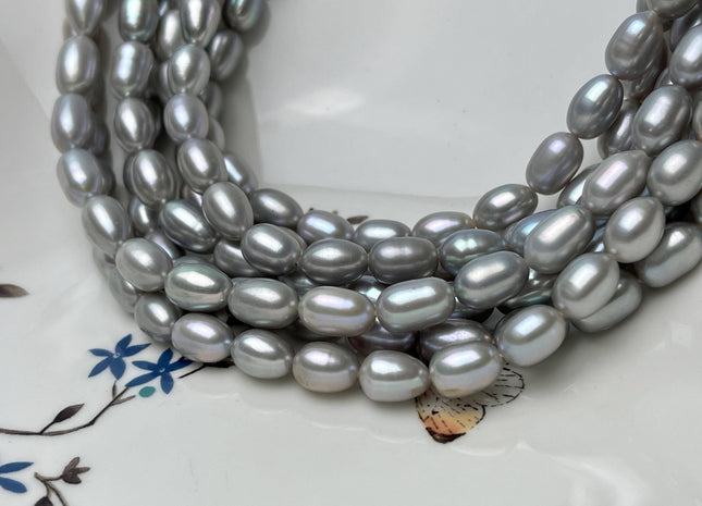 7x9-12 mm AAAA Silver Gray Color W/Pink Luster Freshwater Pearls Long Rice/Oval Pearl Beads Genuine High Quality Pearls #P2826