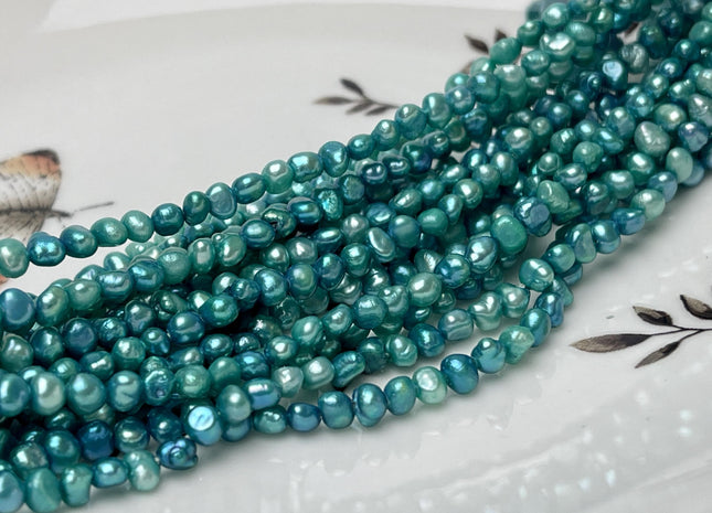 3-4 mm Dark Cyan Blue Color Potato Nugget Freshwater Pearl Beads Genuine Tiny Seed Pearl 101 Beads Mixed Blue Green Pearl #P2769