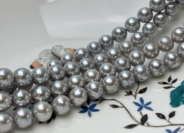 9-10 mm AAA Extra Shiny Gray W/Slightly Pink Luster Perfect Round Freshwater Pearls Genuine High Luster Gray Bridal Pearls 44 Beads #P2770