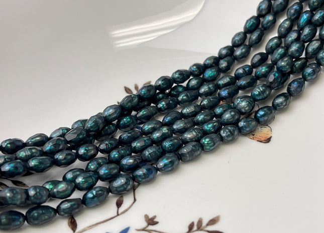 5.5-6x8-9 mm AA Prussian Blue Color Faceted Freshwater Pearls Rice/Oval Shape Pearl Beads Genuine Freshwater Pearls 48 Beads #P2835