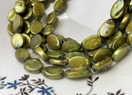 10x15-17 mm Sage Green Oval Coin Pearl Genuine Freshwater Coin Pearl Green Coin With Gold Sheen Pearl #P2787