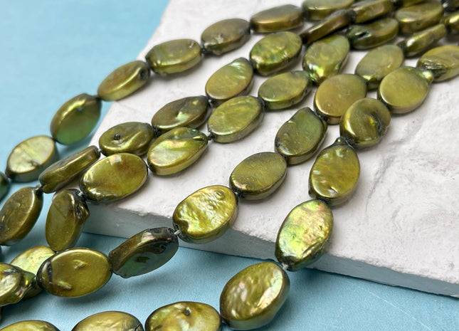 10x15-17 mm Sage Green Oval Coin Pearl Genuine Freshwater Coin Pearl Green Coin With Gold Sheen Pearl #P2787