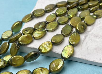 10x15-17 mm Sage Green Oval Coin Pearl Genuine Freshwater Coin Pearl Green Coin With Gold Sheen Pearl #P2787