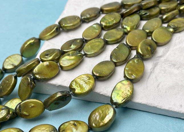 10x15-17 mm Sage Green Oval Coin Pearl Genuine Freshwater Coin Pearl Green Coin With Gold Sheen Pearl #P2787