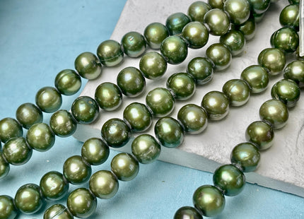 9-10 mm AA Olive Green Large Hole Half Strand Freshwater Potato Pearls Hole Size 2.1mm 22 Beads #P2786