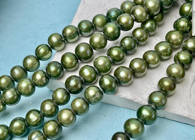 9-10 mm AA Olive Green Large Hole Half Strand Freshwater Potato Pearls Hole Size 2.1mm 22 Beads #P2786