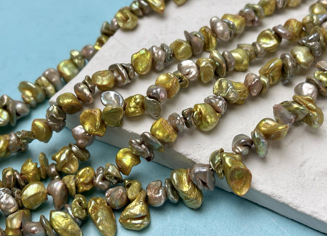 8-10 mm Green Champagne Keshi Freshwater Pearl Beads Genuine Center Drilled Rondelle Disc Pearl Beads #P2791