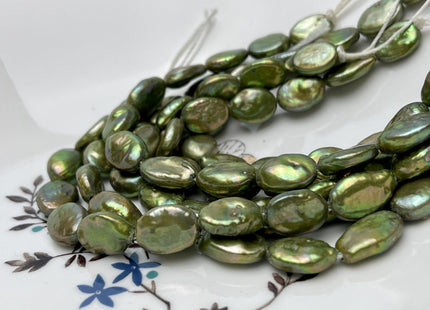 9-10x12-15 mm Half Strand Large Hole Sage Green Oval Flat Coin Pearl Hole Size 1.5mm 2.2mm Freshwater Coin Pearl 14 Beads #P2841