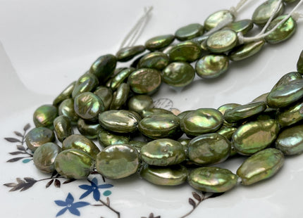 9-10x12-15 mm Half Strand Large Hole Sage Green Oval Flat Coin Pearl Hole Size 1.5mm 2.2mm Freshwater Coin Pearl 14 Beads #P2841