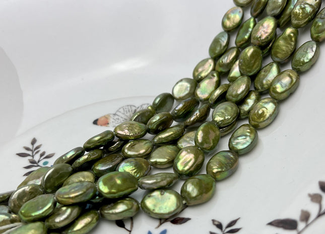 10x13-14 mm Half Strand Large Hole Sage Green Oval Flat Coin Pearl Hole Size 1.5mm Genuine Freshwater Coin Pearl 15 Beads #P2841