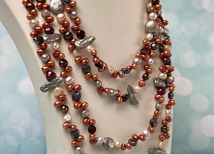 72 inches Mixed Coin Keshi Biwa Potato Pearl Finished Necklace Brown Red Gold Long Neckace Genuine Pearl Necklace #P2790-D