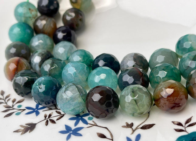 14mm Faceted Round Fire Agate Gemstone Beads Heat Treated Brown Auqa Green Jumbo Size Agate 15.5 Inches Strand #4513