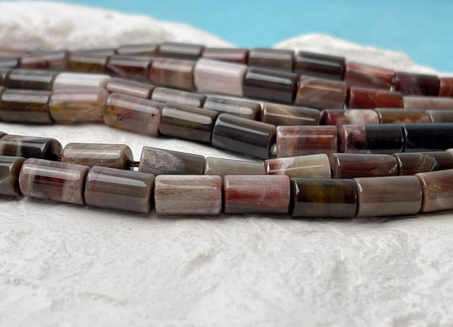 6x11 mm AAA Smooth Tube Shape Natural Petrified Wood Beads Taupe Beige Brown Color High Quality Gemstone 16 Inches Strand 38 Beads #3051