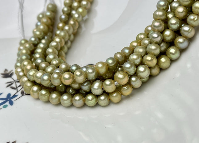 6-7 mm AA Half Strand Large Hole Sage Green Potato Freshwater Pearl Hole Size 1.5mm 2.1mm Genuine Freshwater Pearl 32 Beads #P2847
