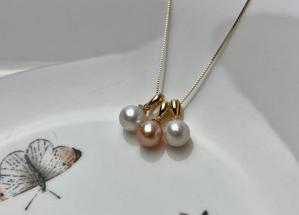 8-9 mm AAA Natural White and Pink Round Genuine Freshwater Pearl Pendant 925 Sterling Silver DIY Jewelry #10054-B