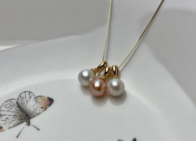 8-9 mm AAA Natural White and Pink Round Genuine Freshwater Pearl Pendant 925 Sterling Silver DIY Jewelry #10054-B