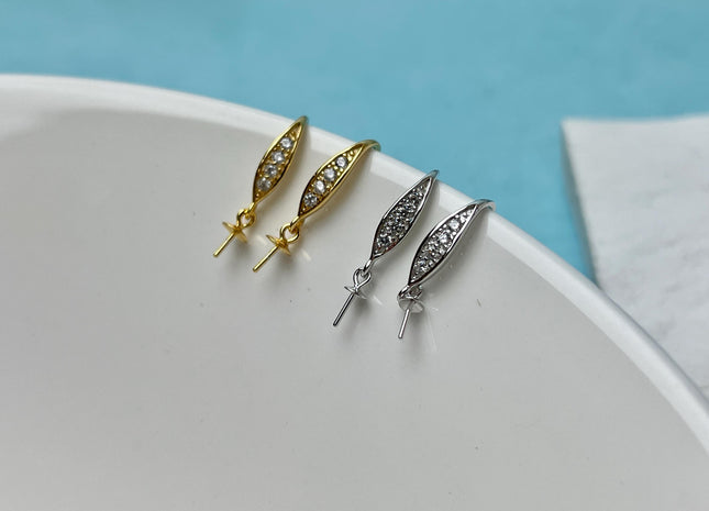 One Pair 925 Sterling Silver Earring Setting With CZ Genuine 925 Sterling Silver Earring Hook Findings For Half Drilled Pearls #10348-B