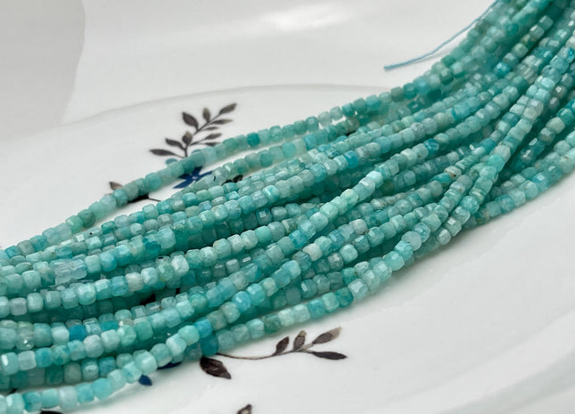 2.5 mm Micro Faceted Cube Dice Square Shape Amazonite Tiny Gemstone Beads 15.5 Inches #4527