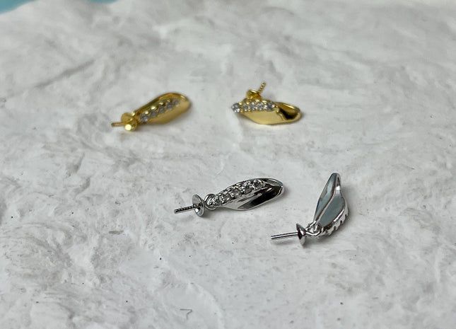 One Piece 925 Sterling Silver/Gold Pendant Setting Findings For Half Drilled Pearls Flame Shape Design W/CZ Sterling Silver Pendant #10360