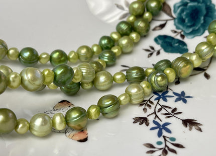 42 inch Mixed 9-11 mm Ringed Potato Pearl Genuine Freshwater Pearl Long Necklace in Sage Green Colors #335