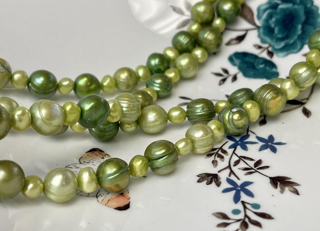 42 inch Mixed 9-11 mm Ringed Potato Pearl Genuine Freshwater Pearl Long Necklace in Sage Green Colors #335