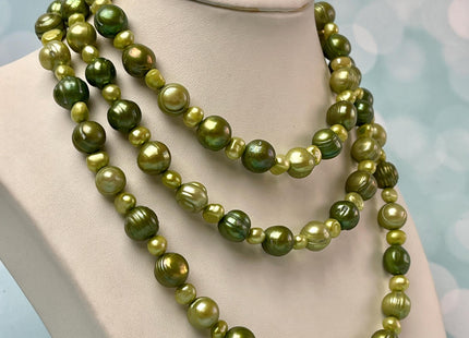 42 inch Mixed 9-11 mm Ringed Potato Pearl Genuine Freshwater Pearl Long Necklace in Sage Green Colors #335