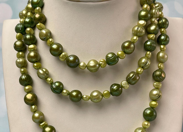 42 inch Mixed 9-11 mm Ringed Potato Pearl Genuine Freshwater Pearl Long Necklace in Sage Green Colors #335