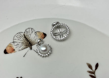 One Piece 925 Sterling Silver Pendant Setting Findings For Half Drilled Pearls Circle Shape Design W/CZ Sterling Silver Pendant #10046-A