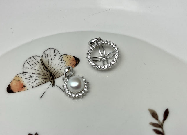 One Piece 925 Sterling Silver Pendant Setting Findings For Half Drilled Pearls Circle Shape Design W/CZ Sterling Silver Pendant #10046-A