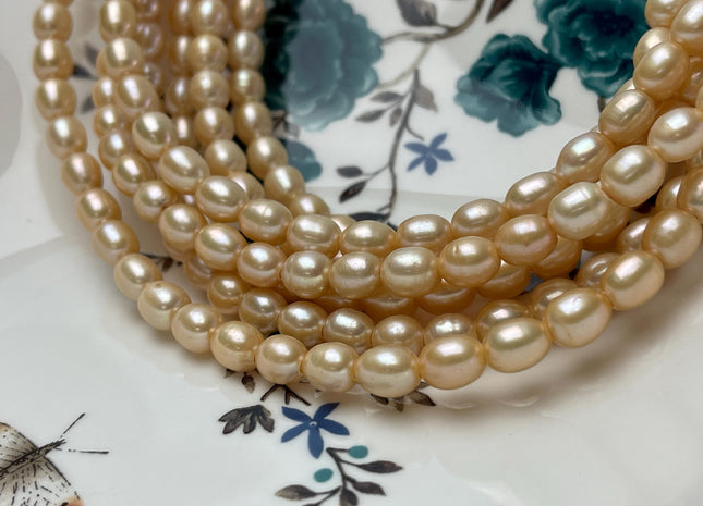 6-7 x 8-9 mm Large Hole Size 2.1 mm Rice/Oval Freshwater Pearls Beads Peach OR Light Champagne Color,Large Hole Bead #182