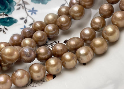 12-14 mm Large Hole Champagne Copper Half Strand Baroque / Edison Freshwater Pearl Beads OFF Round Shape Hole Size 2.2mm #1178