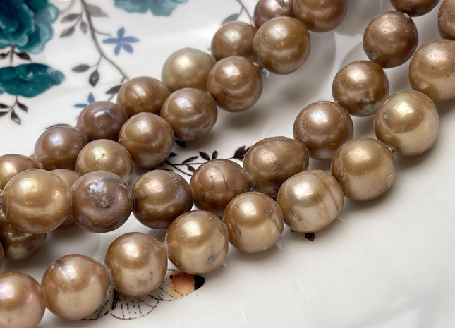 12-14 mm Large Hole Champagne Copper Half Strand Baroque / Edison Freshwater Pearl Beads OFF Round Shape Hole Size 2.2mm #1178