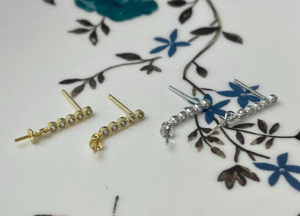 One Pair 925 Sterling Silver Setting Findings For Half Drilled Pearls Stick Rod Shape Design Sterling Silver Earring Findings #10248