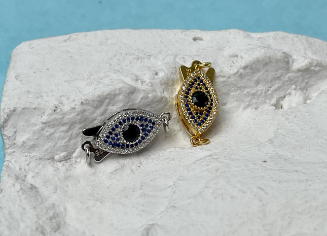 8x10 mm Silver/Gold-Plated 925 Sterling Silver Fishook Clasp With Evil Eye Design Finding Clasp #10304